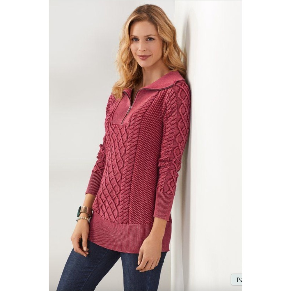 Soft Surroundings Tunic Sweater Size XL Pink Cable Knit Quarter Zip Pullover